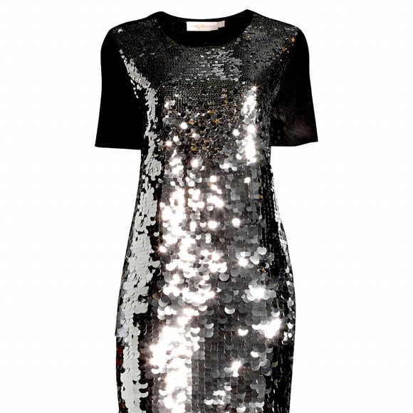 TORY BURCH CASUAL GLAM SEQUIN EMBROIDERED SWEATER DRESS IN BLACK SIZE SMALL - Picture 2 of 12